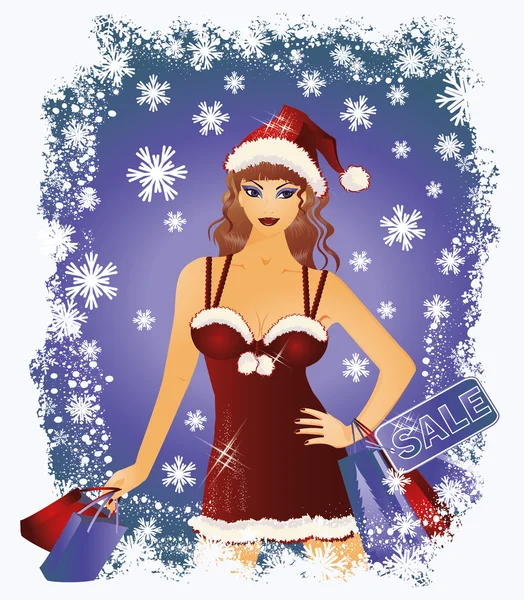 Christmas shopping santa flicka, vektor illustration — Stock vektor