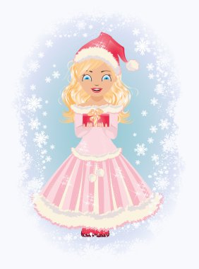 küçük Noel Baba kız hediye, vektör çizim ile