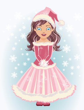 kar taneleri, vektör çizim ile şirin Noel Baba kız