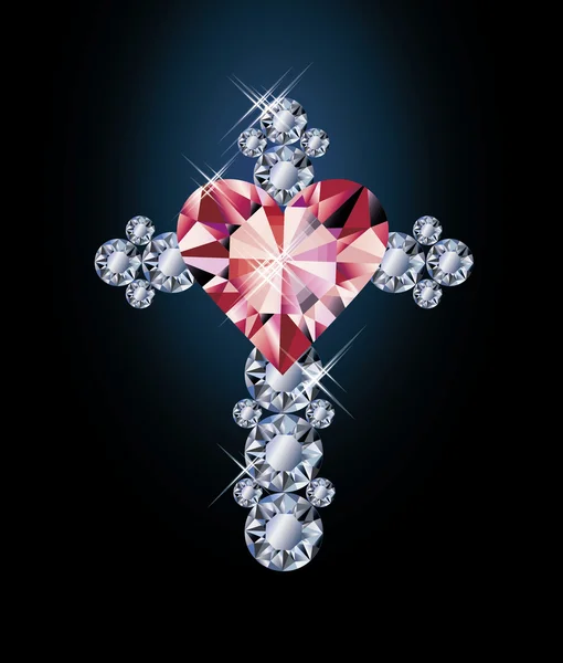 Diamante cruz e rubi coração, ilustração vetorial — Vetor de Stock