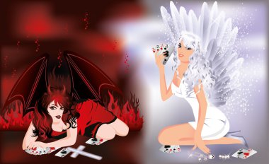 Devil and angel girls playing poker, vector illustration clipart