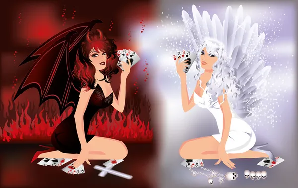 Ange et diable filles jouer au poker, illustration vectorielle — Image vectorielle