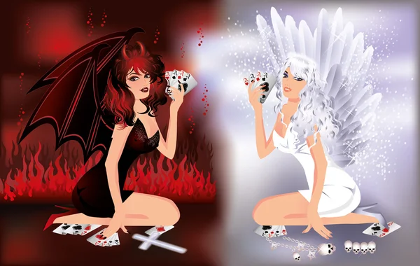 Angel and devil girls playing poker, vector illustration — Stock Vector