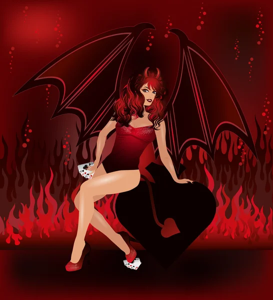 Sexy duivel meisje en poker crads, vectorillustratie — Stockvector