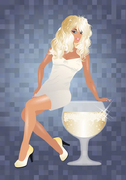 Gadis pirang seksi dan gelas anggur, ilustrasi vektor - Stok Vektor