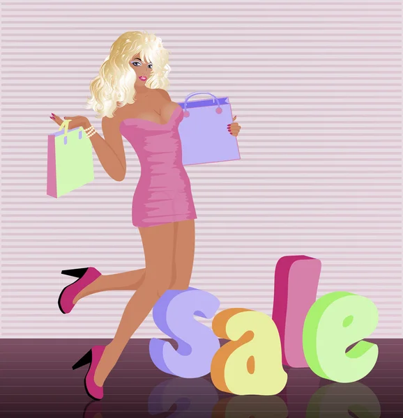 Femme blonde avec sac à provisions, illustration vectorielle — Image vectorielle