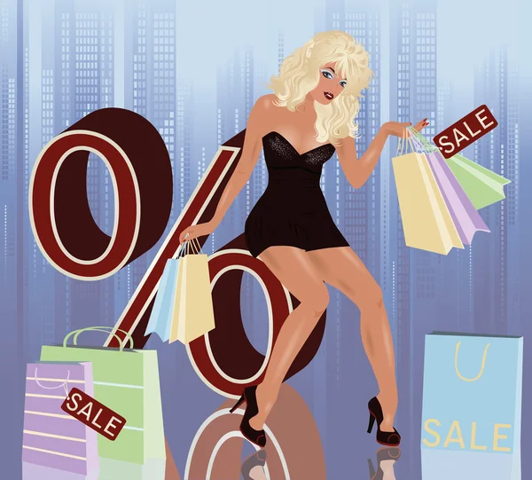 Blonde woman and shopping bags, vector illustration — Stock Vector