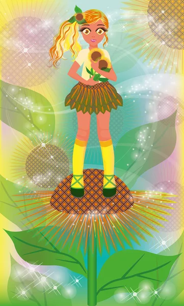 Young sunflower girl, vector illustration — Stock Vector