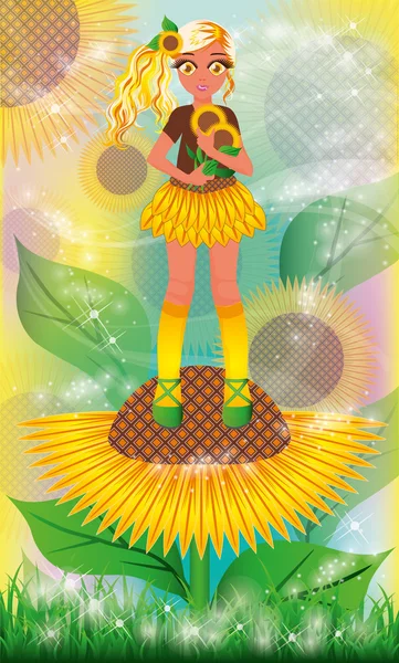 Blonde sunflower girl, vector illustration — Stock Vector