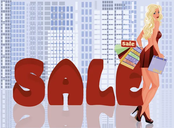 Mujer rubia con bolsas de compras, ilustración vectorial — Vector de stock