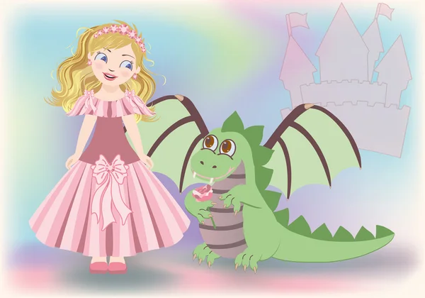 Linda princesita y dragón, Feliz San Jorge. ilustración vectorial — Vector de stock