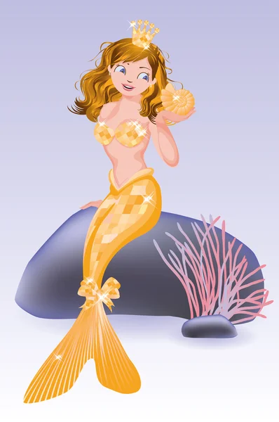 Hermosa sirena de oro chica sentada en la piedra, vector de ilustración — Vector de stock