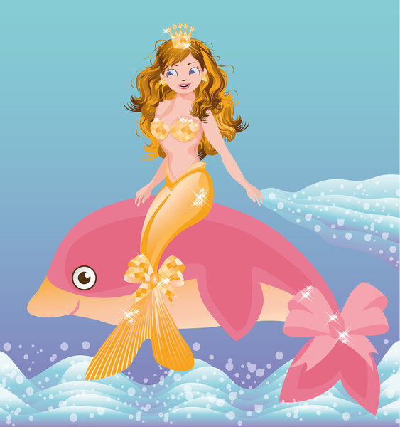 Young golden mermaid girl and pink dolphin, vector illustration