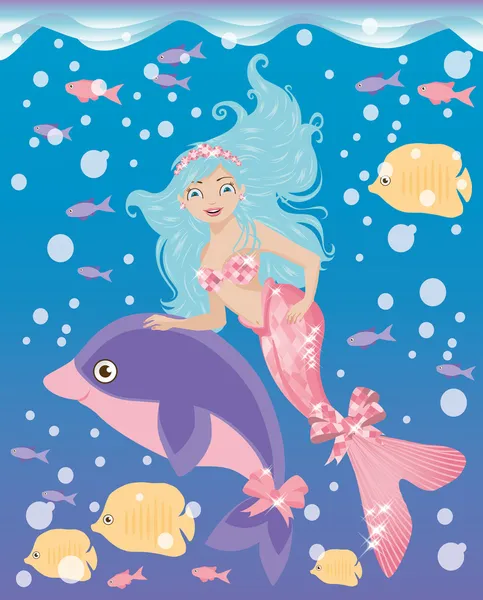 Niña sirena y delfín, ilustración vectorial — Archivo Imágenes Vectoriales