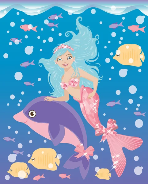 Little mermaid girl and dolphin, vector illustration — Stock Vector