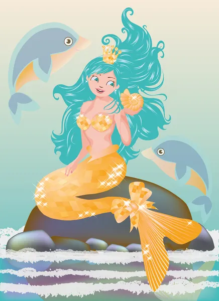Young mermaid with golden seashell, vector illustration — Stock Vector