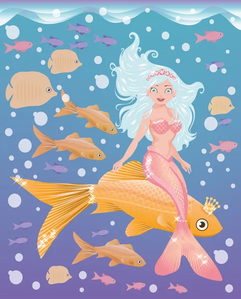 Young mermaid girl with golden fish, vector illustration — Stock Vector