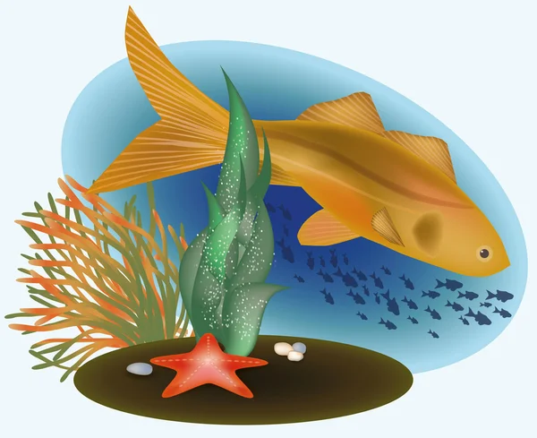 Marine life with golden fish, vector illustration — Stock Vector