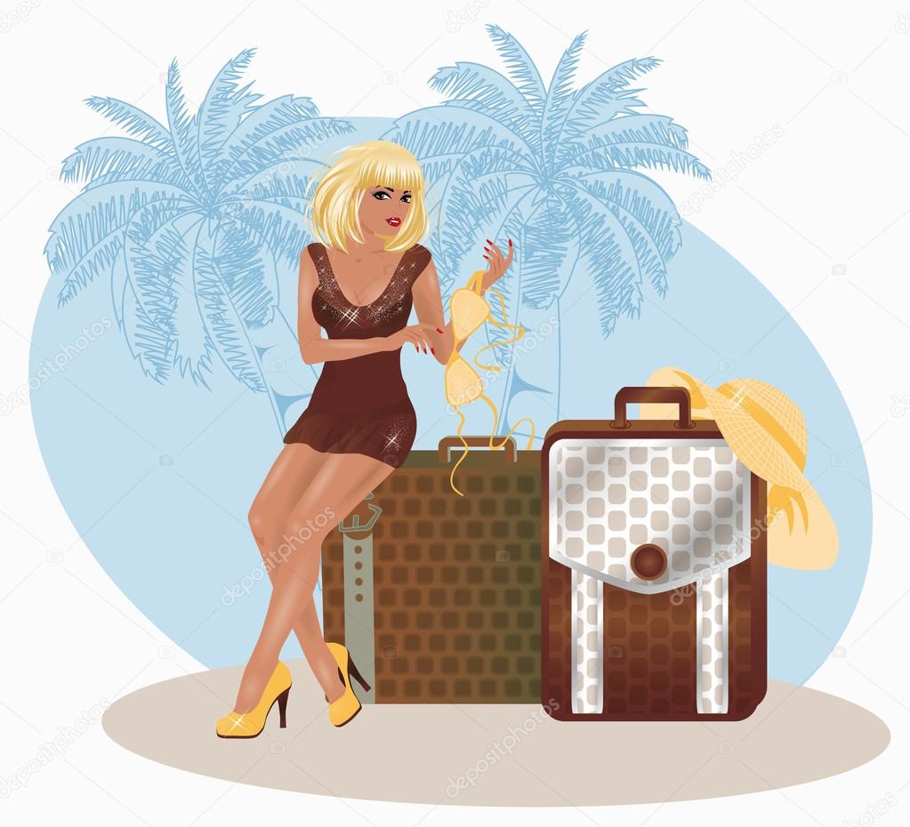 Blonde summer sexual travel girl, vector illustration