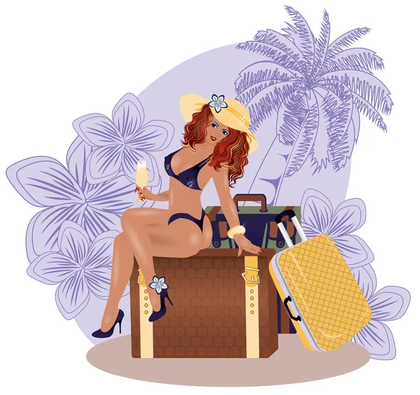 Verano sexual chica de viaje con wineglass, vector de ilustración — Archivo Imágenes Vectoriales