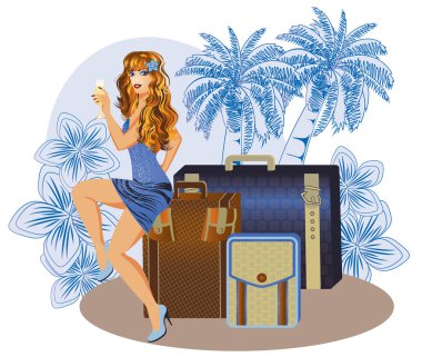 Yaz seyahat kız bardağı, vektör çizim ile