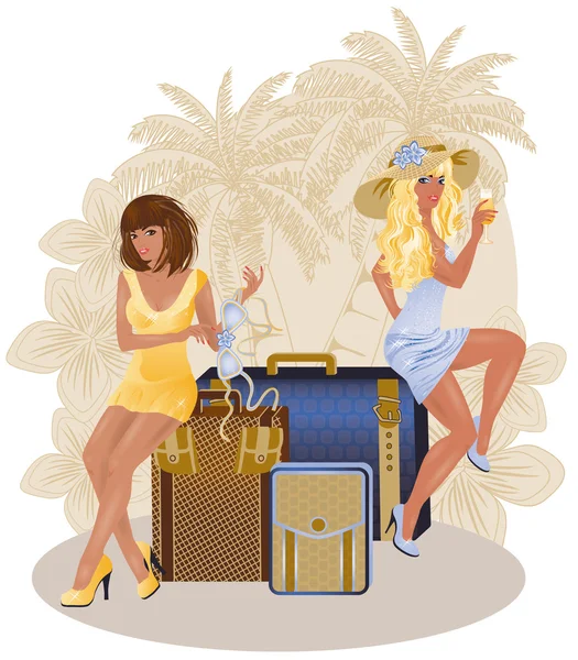 Deux filles de voyage d'été, illustration vectorielle — Image vectorielle