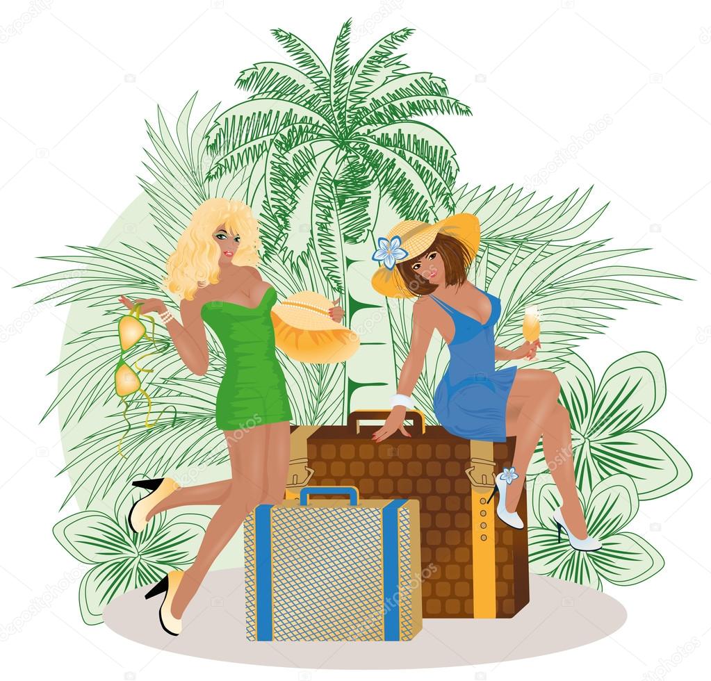 Two sexy summer travel girls, vector illustration