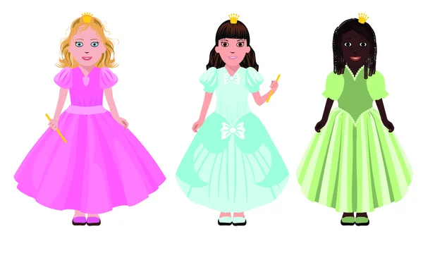 Drei kleine Mädchen oder Prinzessinnen, Vektorillustration — Stockvektor