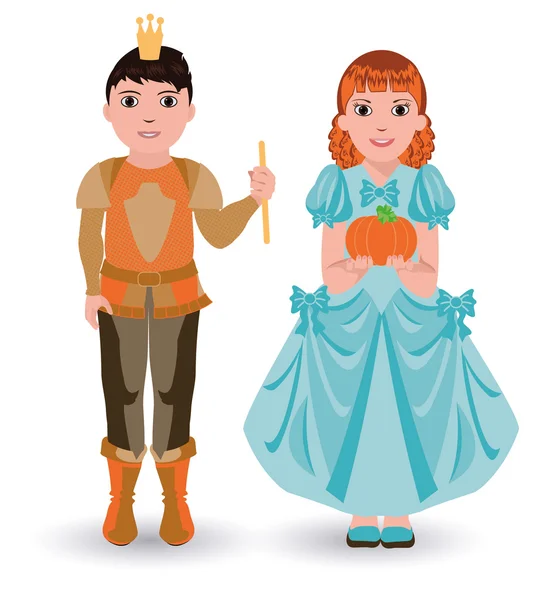 Cinderella princess with pumpkin and little prince with pumpkin, vector illustration — Stock Vector