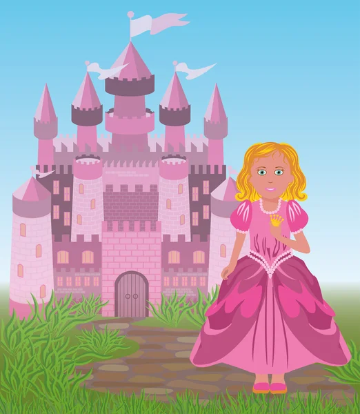 Bela princesa e castelo de conto de fadas mágico, ilustração vetorial — Vetor de Stock