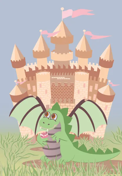 Söta draken och magiska slott, vektor illustration — Stock vektor