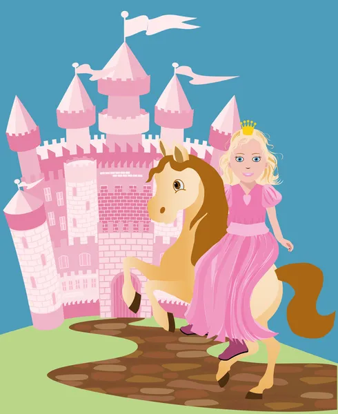 Kleine süße Prinzessin und Pony, Vektor-Illustration — Stockvektor