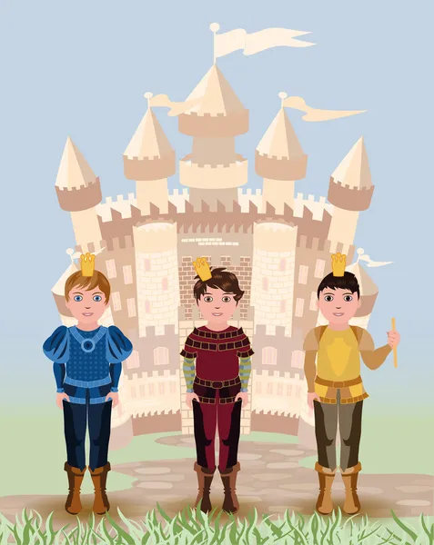 Three little prince and fairy tale castle, vector illustration — Stock Vector