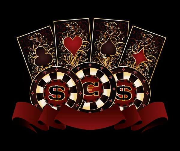 Banner de Casino con tarjetas de póquer y fichas, vector — Vector de stock