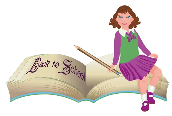 Back to School. Cute schoolgirl with old book, vector illustration — Stock Vector