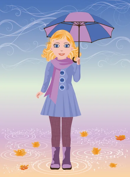 Cute little girl with umbrella, vector illustration — Stock Vector