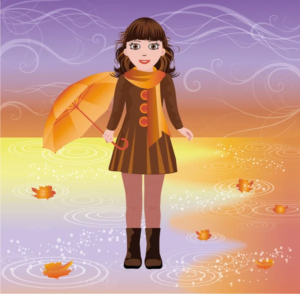 Kleines Mädchen mit Regenschirm, Herbstkarte, Vektorillustration — Stockvektor
