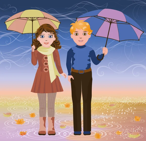 Linda niña y niño con paraguas, vector de ilustración — Vector de stock