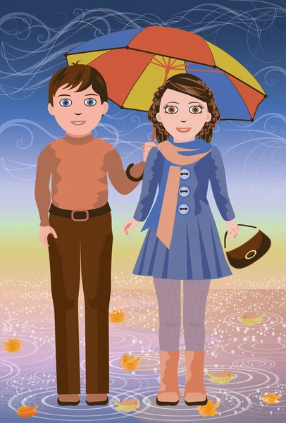 Little girl and boy, autumn card, vector illustration — Stock Vector