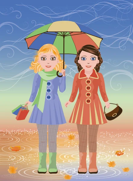 Two little girls and umbrella, autumn card, vector illustration — Stock Vector