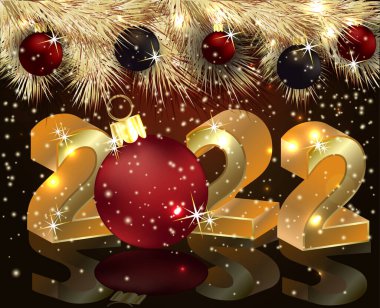 Kırmızı Xmas topu ve vektör illüstrasyonlu yeni yıl altın kartın kutlu olsun.