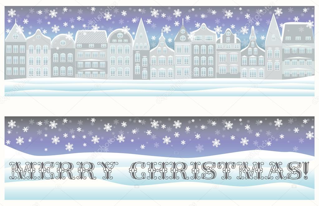 Happy Merry Christmas banners with winter city, vector illustration