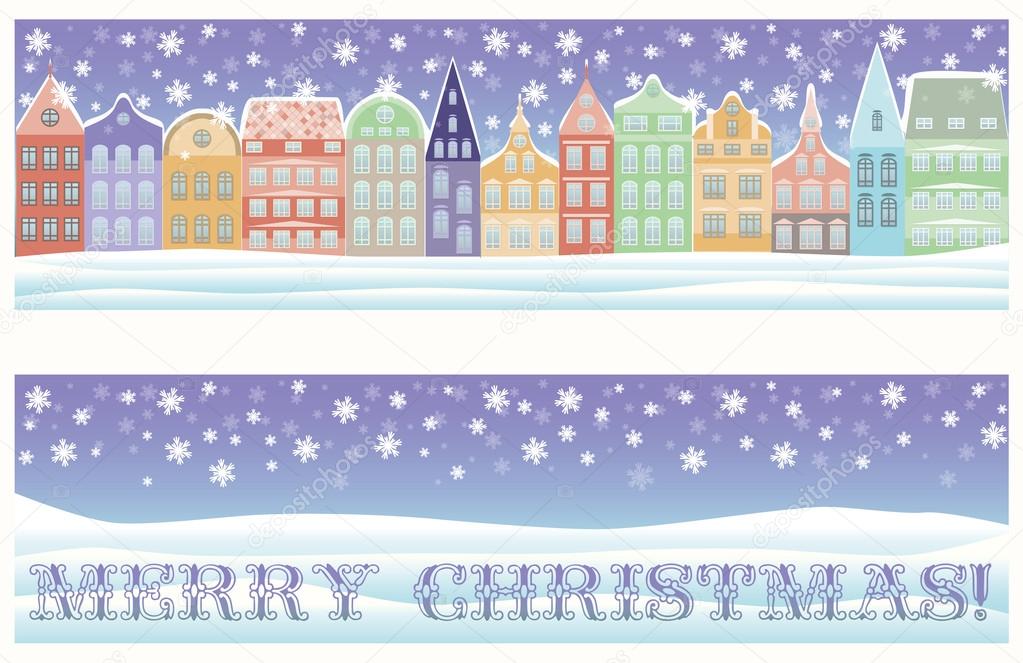 Merry Christmas winter city banner, vector illustration