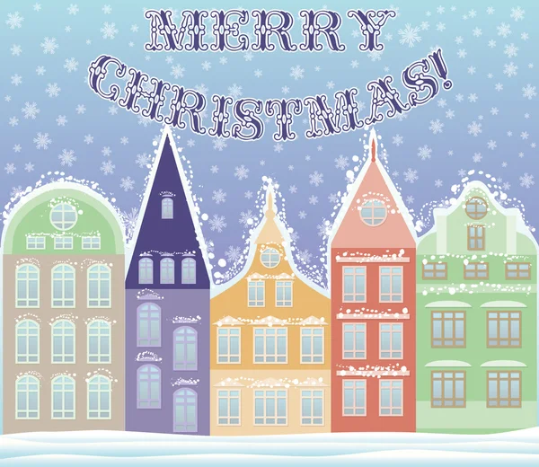 Happy Marry Christmas winter city postcard, vector illustration — Stock Vector