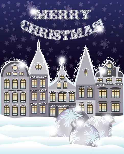Joyeux Noël carte de vœux avec ville d'hiver et boules de Noël, illustration vectorielle — Image vectorielle