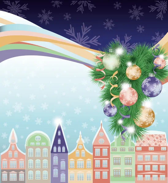 Feliz Navidad y Año Nuevo, ciudad de invierno. ilustración vectorial — Archivo Imágenes Vectoriales