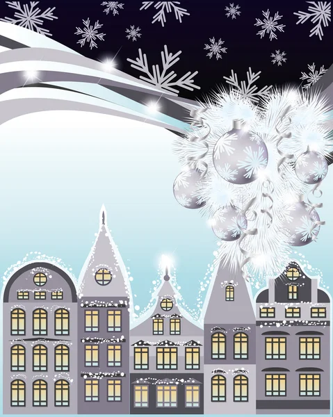 Buon Natale e auguri di Capodanno, città invernale. illustrazione vettoriale — Vettoriale Stock
