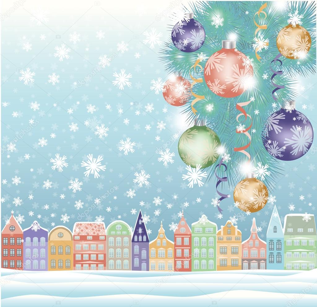 Winter background, xmas city. vector illustration