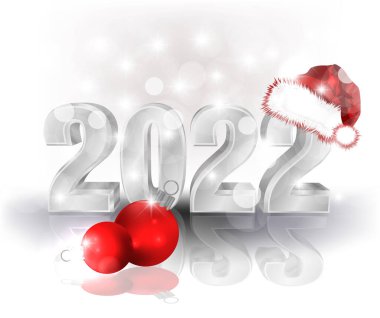 Mutlu 2022 yılbaşı davetiyeleri Noel Baba şapkası ve xmas topları, vektör illüstrasyonu