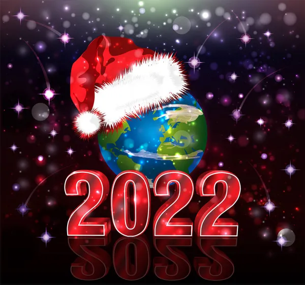 Happy New 2022 Year Wallpaper Planet Red Santa Claus Hat — Stock Vector